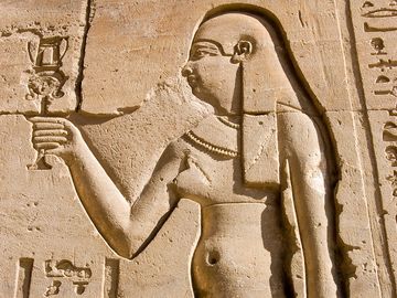 Cleopatra hieroglyphic carving the Ancient Egyptian queen Cleopatra. Wall of the Temple of Horus at Edfu, Egypt.