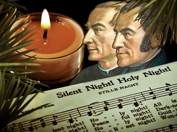 Composite image - Creators of the song Silent Night with a thematic background of music sheet and candle