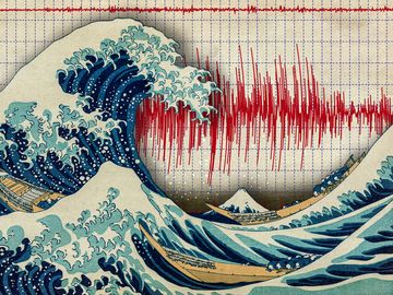 Composite image - Katsushika Hokusai The Great Wave off Kanagawa, color woodcut print, with background of Seismograph recording seismic activity and detecting an earthquake