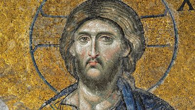 Detail of Jesus Christ from the Deesis Mosaic, from the Hagia Sophia, Istanbul, Turkey, 12th century. Hagia Sophia cathedral built at Constantinople (now Istanbul, Turkey) under the direction of the Byzantine emperor Justinian I.