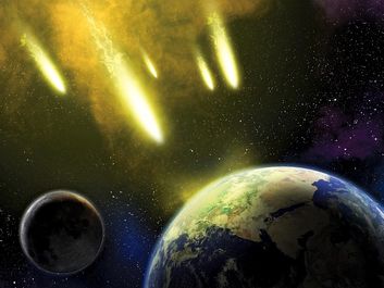 Artist interpretation of space asteroids impacting earth and moon. Meteoroids, meteor impact, end of the world, danger, destruction, dinosaur extinct, Judgement Day, Doomsday Predictions, comet