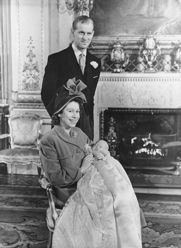 Christening of Prince Charles, Dec. 15, 1948. Princess Elizabeth and the Duke of Edinburgh with Prince Charles.