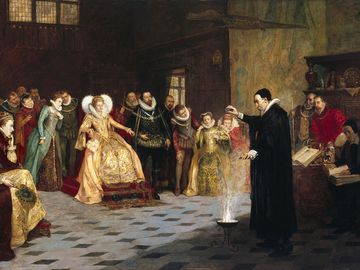 "John Dee performing an experiment before Queen Elizabeth I" by Henry Gillard Glindoni. Oil painting 18th century. Pentimento, occult, sorcery, magic.