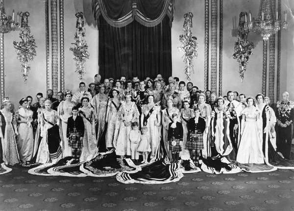 Group photo of H.R.M. Queen Elizabeth II and coronation guests taken in the throne room of Buckingham Palace June 2, 1953.