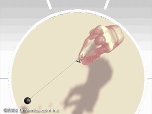 Observe a top-view animation of hammer throw