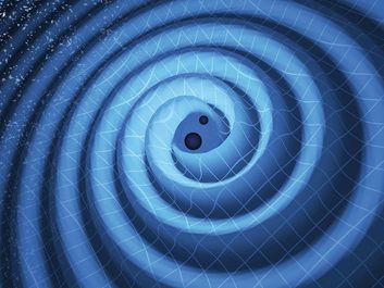 The merger of two black holes and the gravitational waves that ripple outward as the black holes spiral toward each other. The black holes-which represent those detected by LIGO on Dec. 26, 2015-were 14 and 8 times the mass of the sun, until they merged,