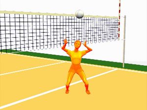 Study the elbows-out, hands-over-head form of the volleyball athlete performing a set pass