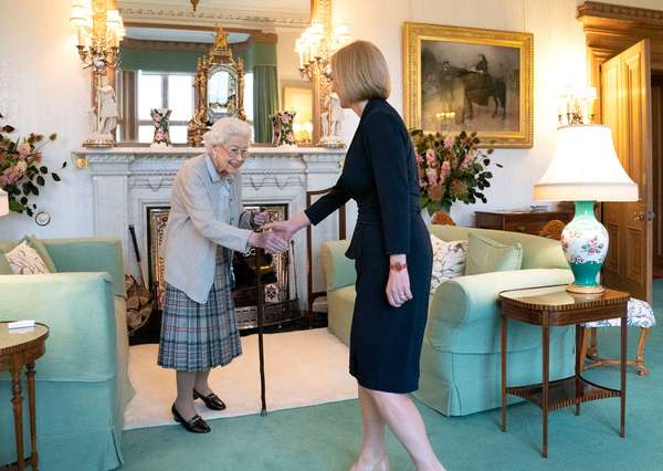 Britain&#39;s Queen Elizabeth II and new Conservative Party leader and Britain&#39;s Prime Minister-elect Liz Truss meet at Balmoral Castle in Ballater, Scotland, on September 6, 2022, where the Queen invited Truss to form a Government. Truss will formally take office Tuesday, after her predecessor Boris Johnson tendered his resignation to Queen Elizabeth II. (British royalty)
