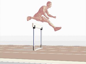 Observe a side-view animation of a sprinter hurdling on a racetrack