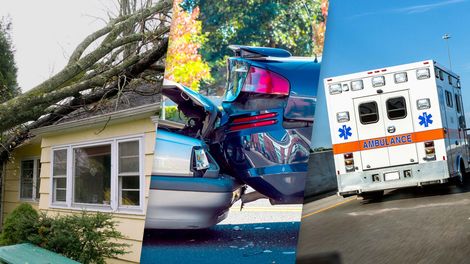 Types of Insurance, composite image: home damage, car accident, ambulance