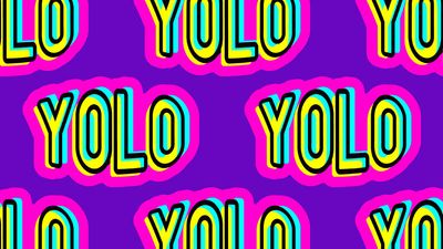 YOLO "You Only Live Once" written in bright colors and repeated on a purple background (acronym, slang)